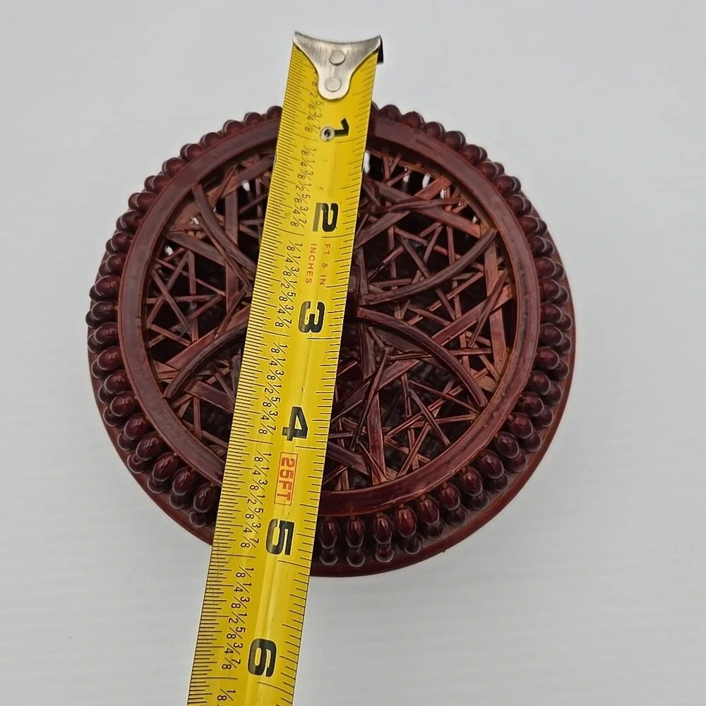 Vintage Red Tone Lacquered Bamboo Tea Basket Trinket‎ Box